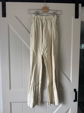 Myrah Penaloza Linen Cream Ruffle Hem Wide-Leg Pants